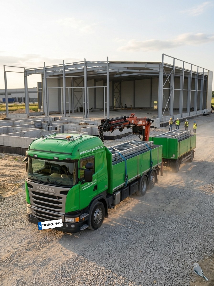 Scania z HDS rozładowuje konstrukcję stalową na budowie hali produkcyjnej